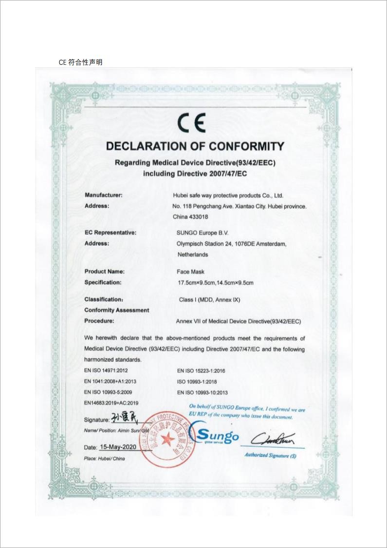 China HUBEI SAFETY PROTECTIVE PRODUCTS CO., LTD Certification
